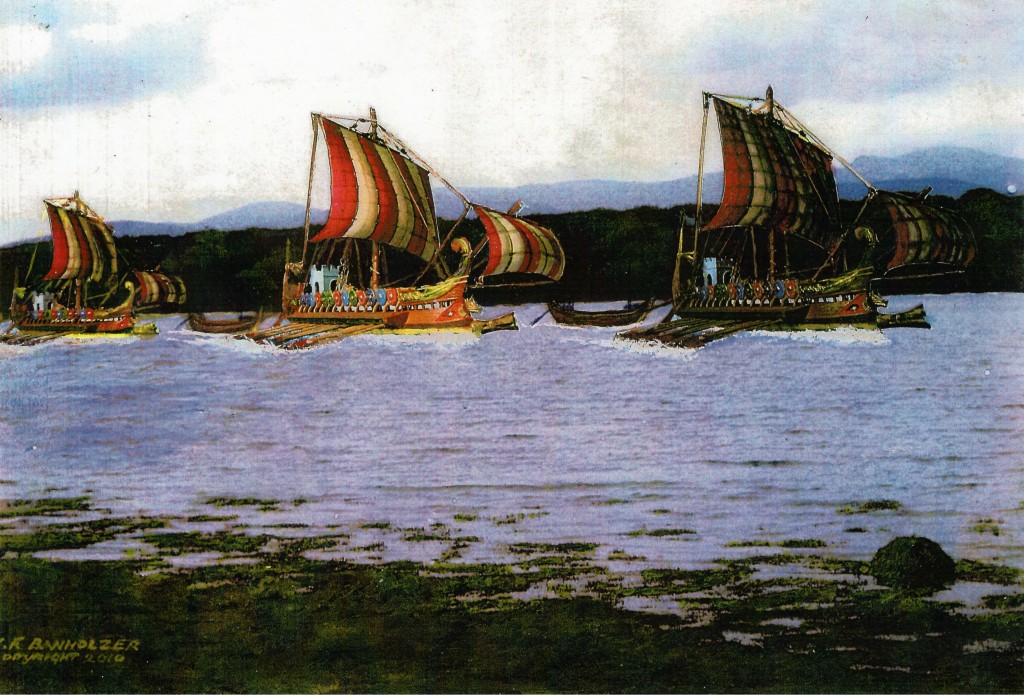 Roman galleys towing barges up the Menai Strait (by KH Banholzer)